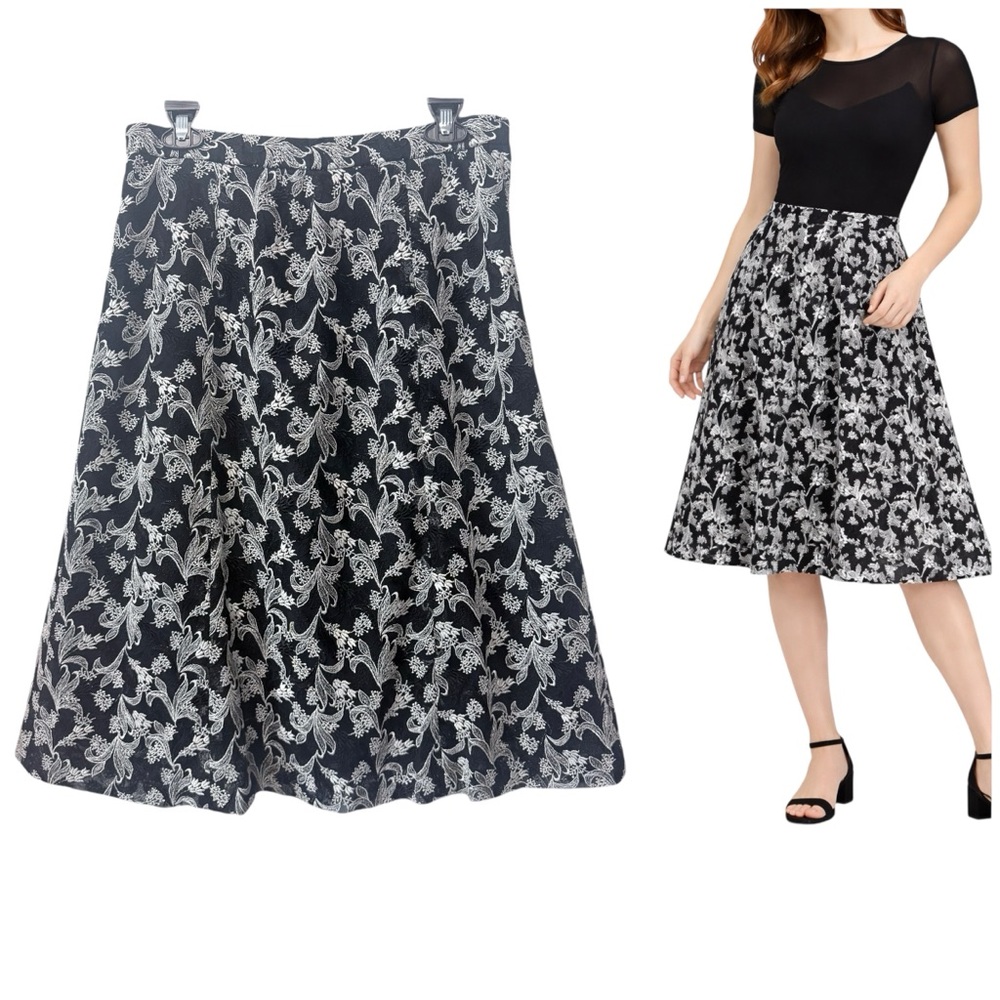 Japan Black Embroidered Lace Skater Skirt Floral Mesh Lined Zip Elegant Midi‎